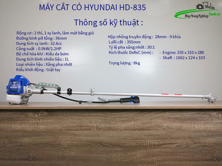 Thông số máy cắt cỏ Hyundai HD-835 1.2HP (Nòng 36) chính hãng